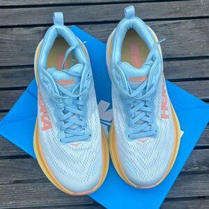 Hoka Bondi 8 - size 8 wide - blue orange yellow sneakers